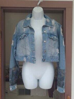 AMERICAN BAZI Cropped Denim Jacket Hollywood Distressed Faded Ripped Jean Jacket